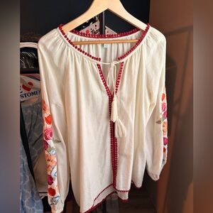 Sundance Cream Blouse with Red Trim and Floral Sleeves